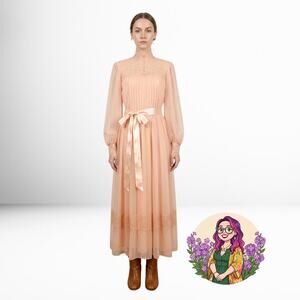 VTG Handmade Sheer Lace Prairie Maxi Dress Peach XS Boho Cottagecore Flawed